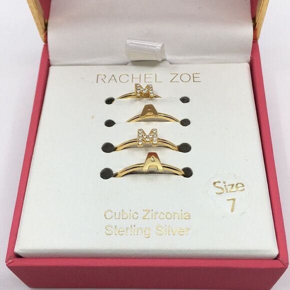 NIB Rachel Zoe Sterling Silver Vermeil Cubic Zirconia Mama Stacking Rings Sz 7 - Picture 1 of 11